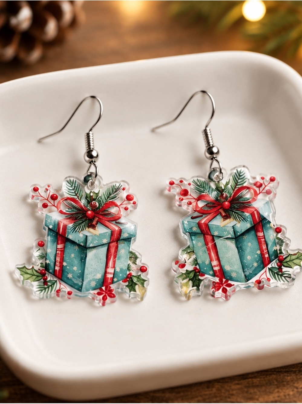 Holiday Gift Box Dangle Earrings - Blue and Red Christmas Design